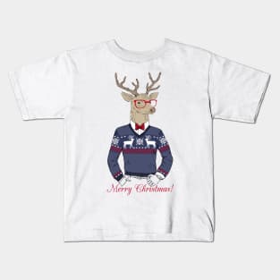 Hand Drawn Vector Illustration of Deer Hipster in Jacquard Sweater Kids T-Shirt